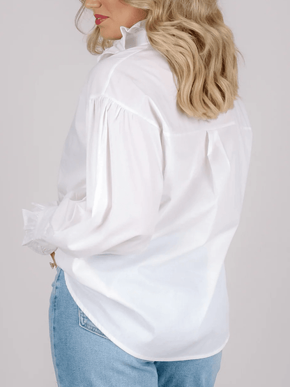 Women's White Ruffle Trim Rhinestone Button Puff Sleeve Blouse - allsose