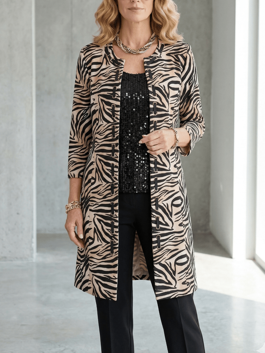 Women's Zebra Print 3/4 Long Sleeve Long Jacket - allsose