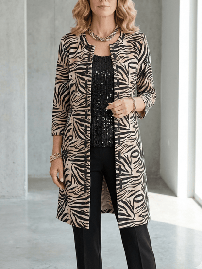 Women's Zebra Print 3/4 Long Sleeve Long Jacket - allsose