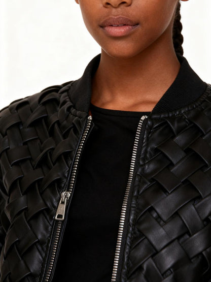 Woven Leather Cropped Bomber Jacket - allsose