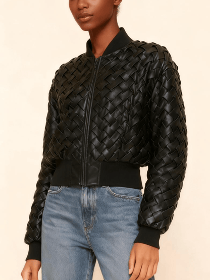 Woven Leather Cropped Bomber Jacket - allsose