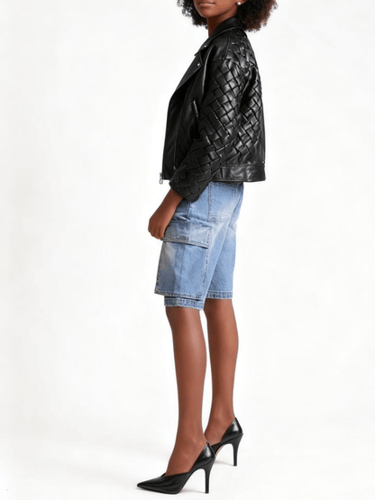 Woven Leather Cropped Bomber Jacket - allsose