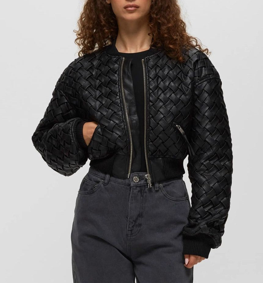 Woven Leather Cropped Bomber Jacket - allsose