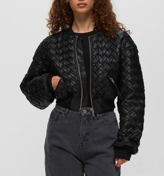 Woven Leather Cropped Bomber Jacket