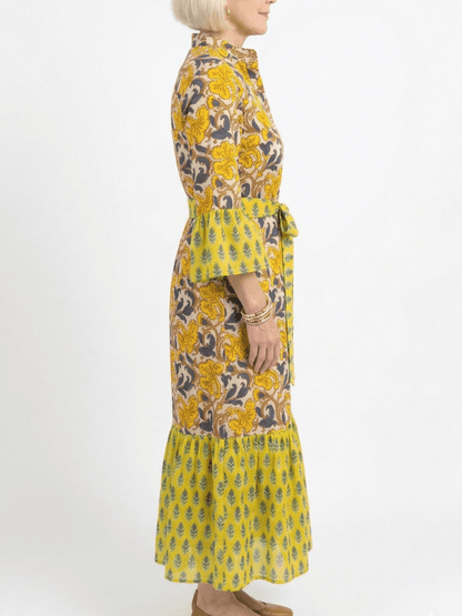 Yellow Floral Print Ruffle Cuff Button - Down Midi Dress With Belt - allsose