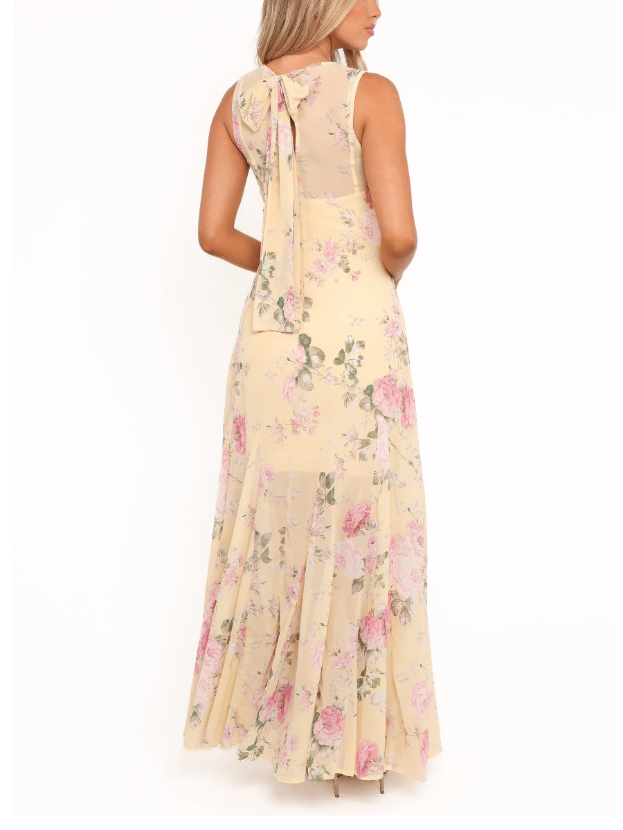 Yellow Pink Floral Chiffon Maxi Dress - allsose