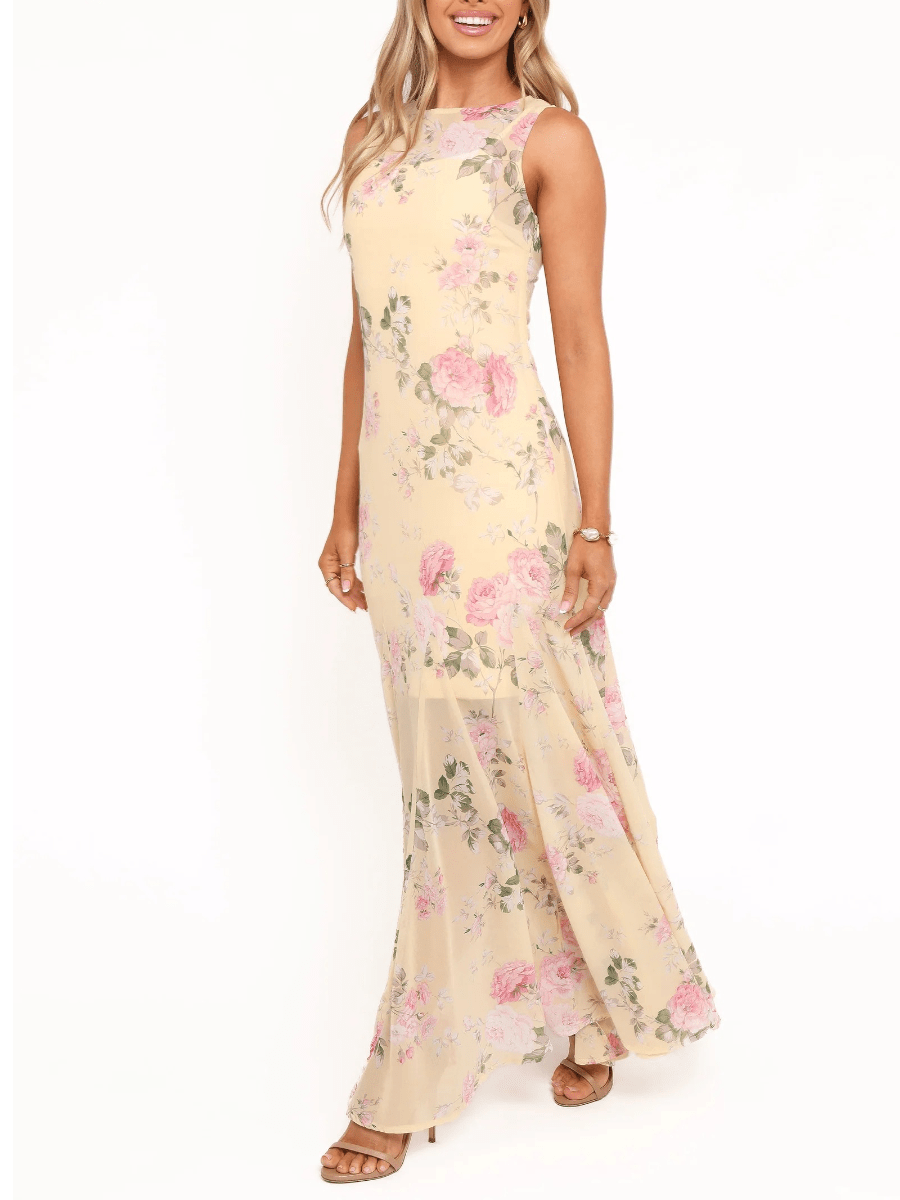 Yellow Pink Floral Chiffon Maxi Dress - allsose