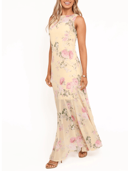 Yellow Pink Floral Chiffon Maxi Dress - allsose