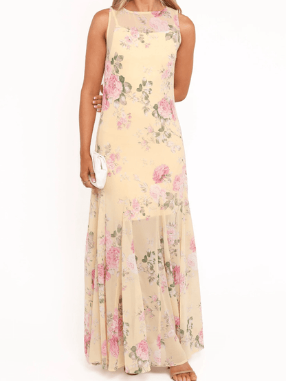 Yellow Pink Floral Chiffon Maxi Dress - allsose
